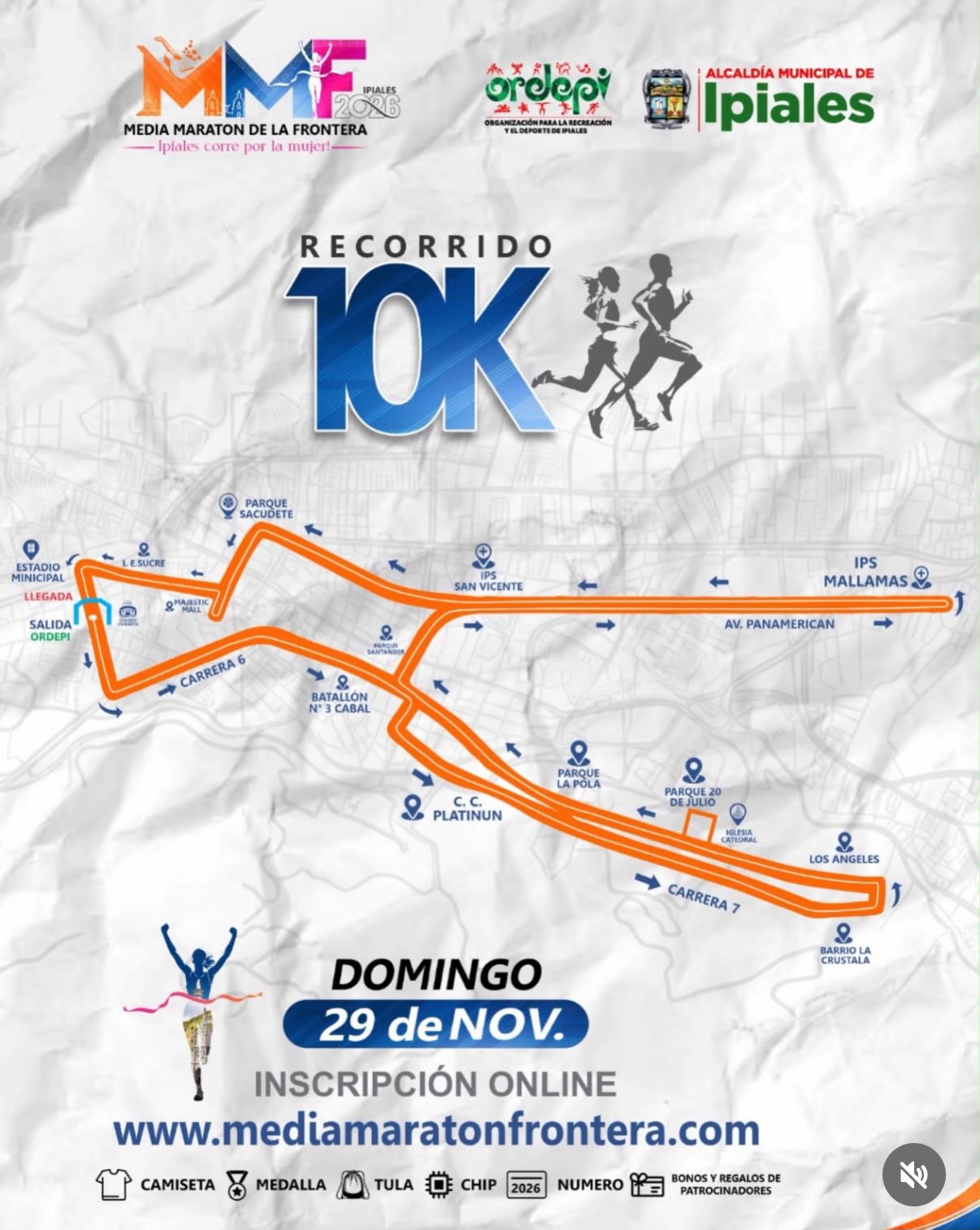 Mapa oficial del recorrido 10K de la Media Maratón de la Frontera en Ipiales, con salida en Ordepi, llegada y dirección del trazado. Carrera del 29 de noviembre de 2026.