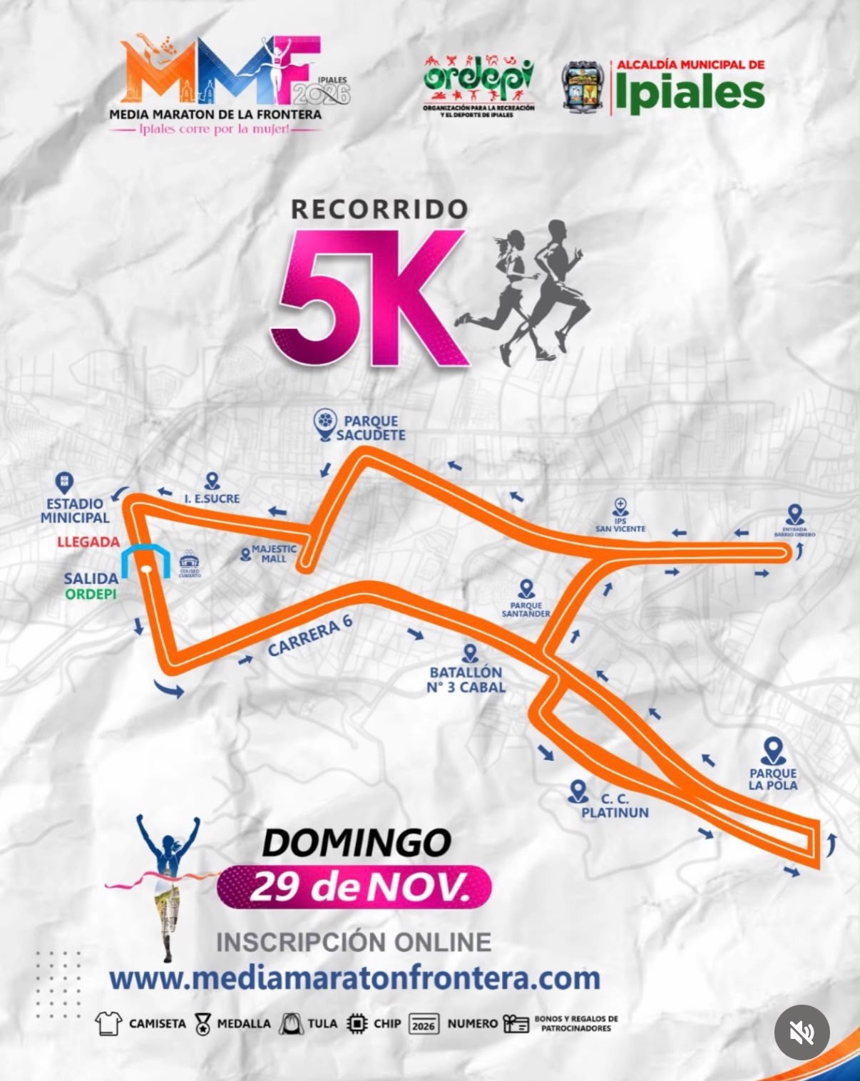 Mapa oficial del recorrido 5K de la Media Maratón de la Frontera en Ipiales, con salida en Ordepi, llegada y dirección del trazado. Carrera del 29 de noviembre de 2026.